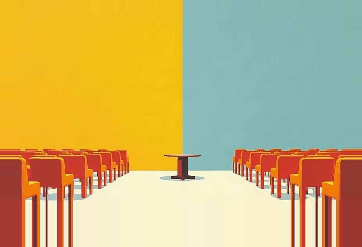 Two rows of empty red chairs face each other across a small round table, split by a yellow wall on the left and a teal wall on the right.