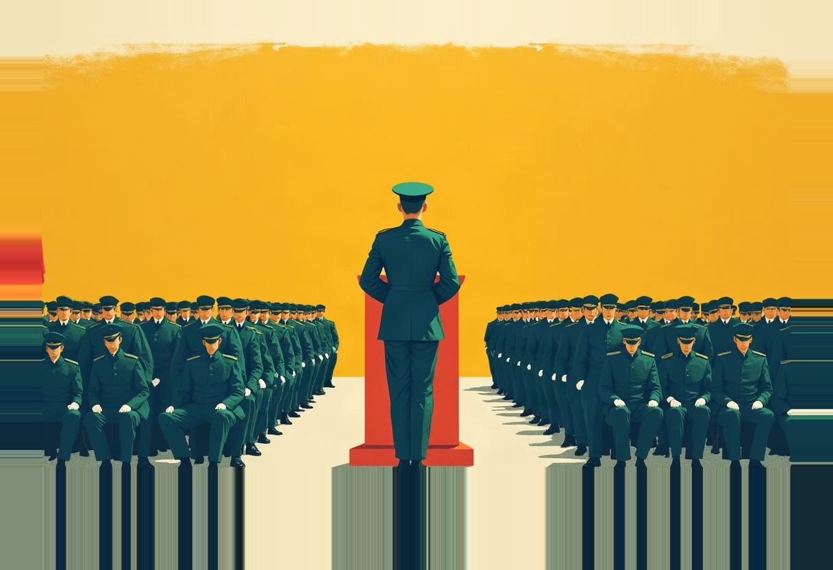 A uniformed man stands at a red podium, back to viewer, facing two rows of seated uniformed figures in green under a yellow backdrop.