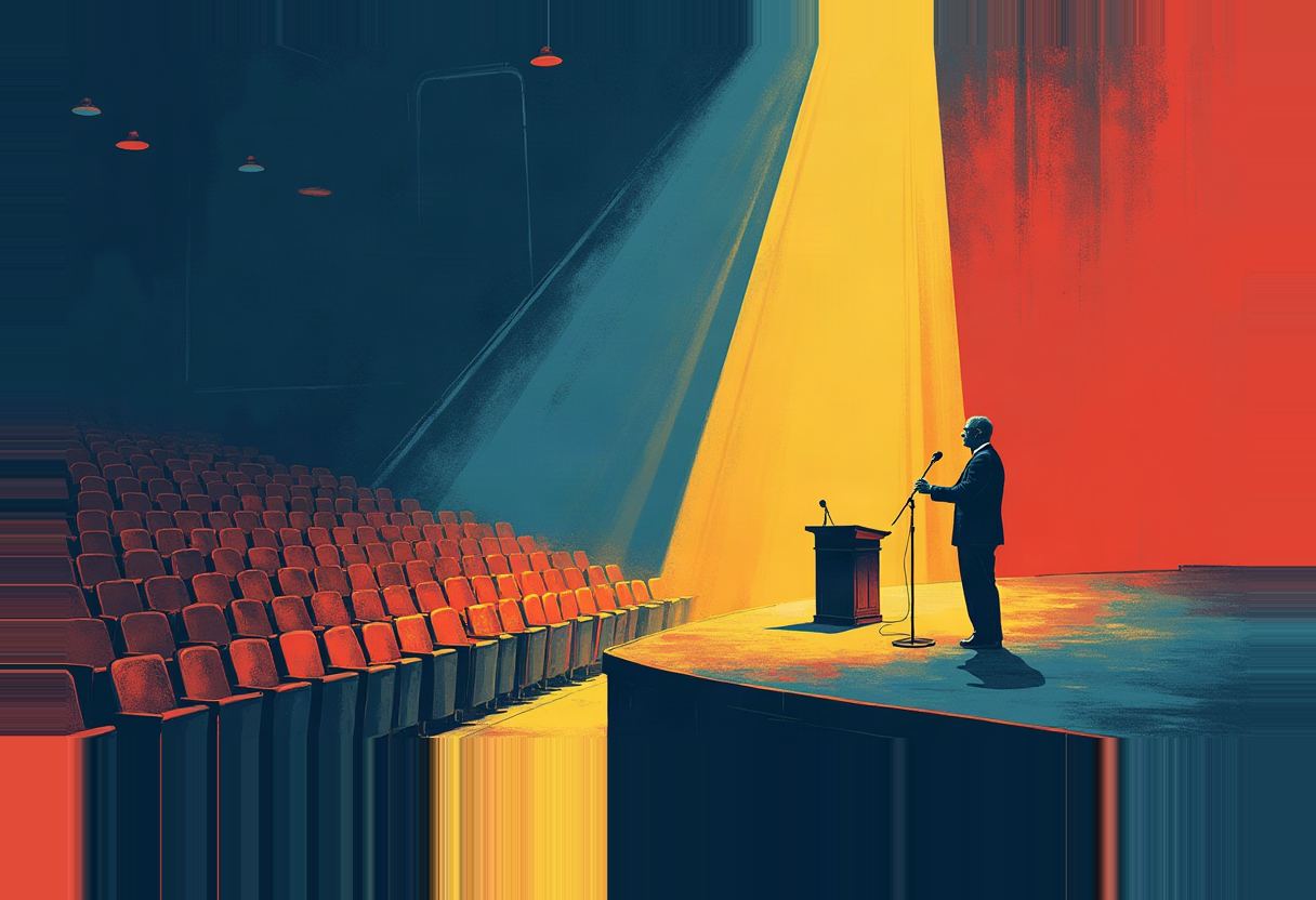 A suited man stands at a podium with a microphone on a stage edge above a gap, facing rows of empty red auditorium seats under blue, yellow, and red lighting.