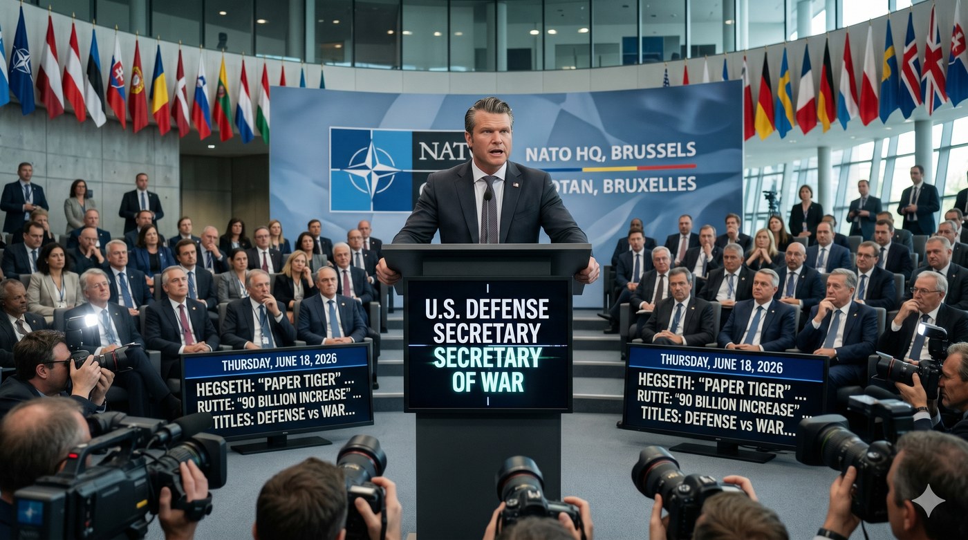 A man in a suit speaks at a podium reading 'U.S. Defense Secretary/Secretary of War' before a seated audience, NATO flags, and rows of press cameras.