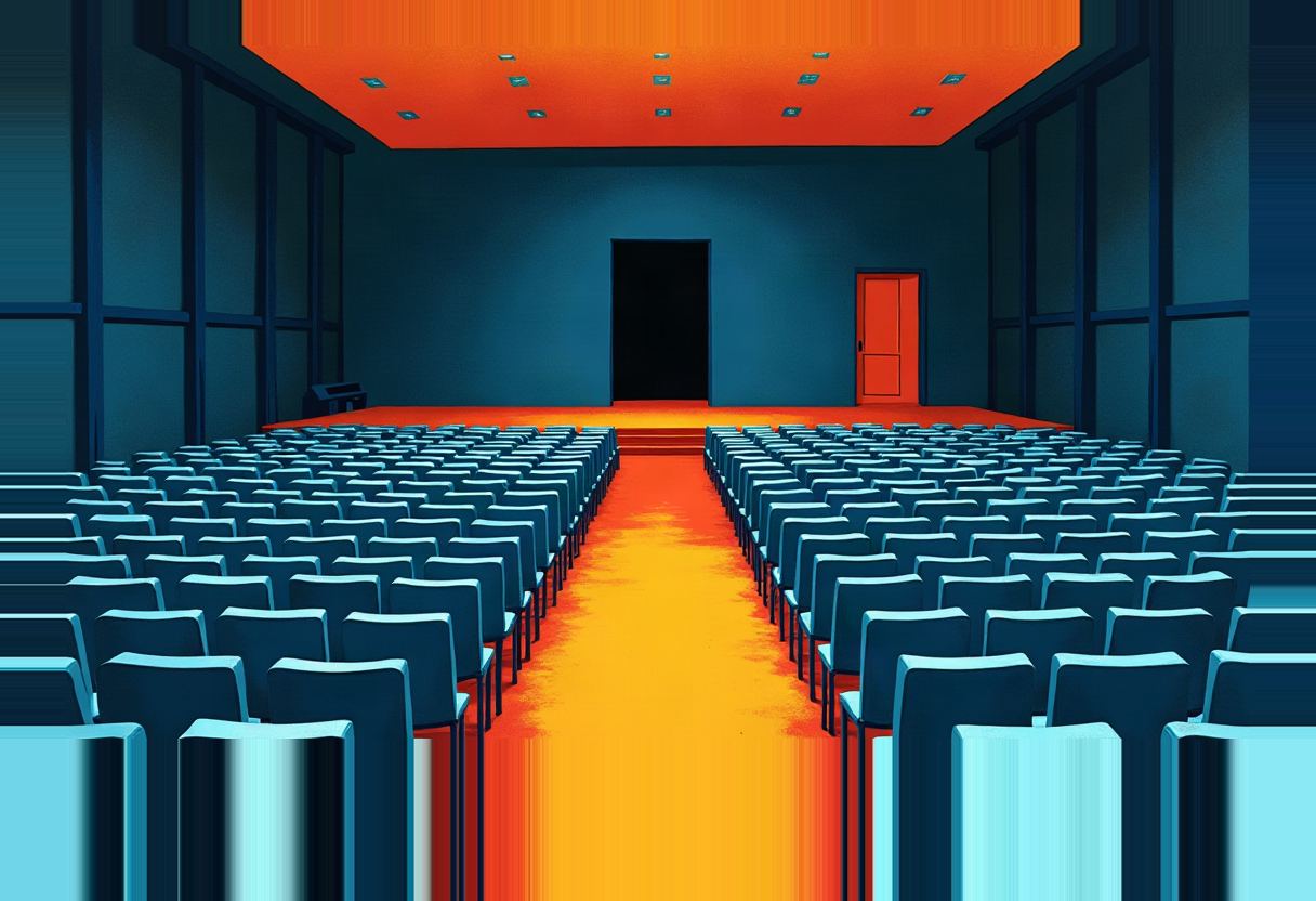 Empty auditorium with rows of blue chairs flanking an orange-lit center aisle leading to a stage with a dark doorway and a glowing orange door, under an orange ceiling panel.