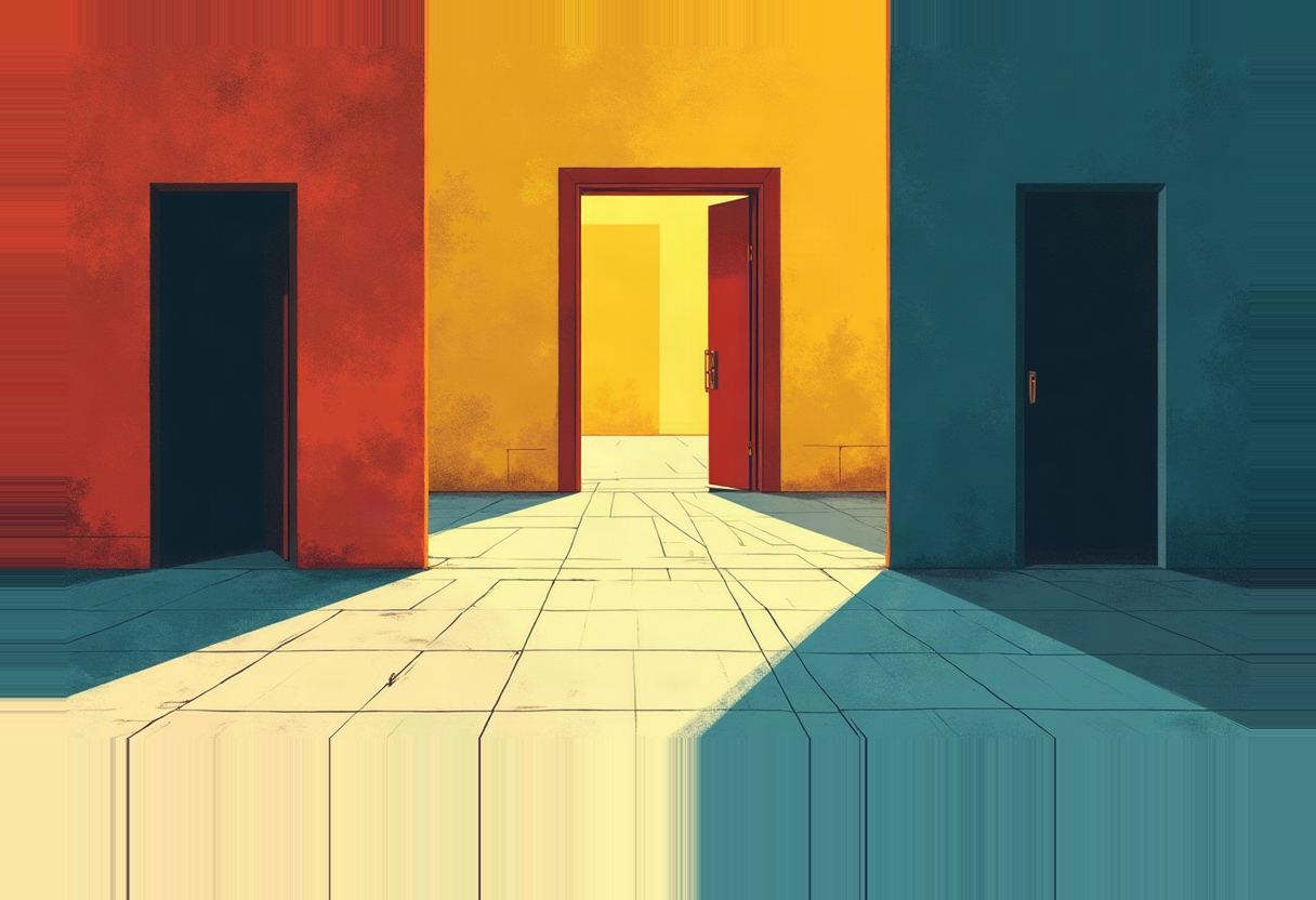 Three recessed doorways in red, yellow, and teal walls; the center red door stands open, casting light across checkered tile floor.