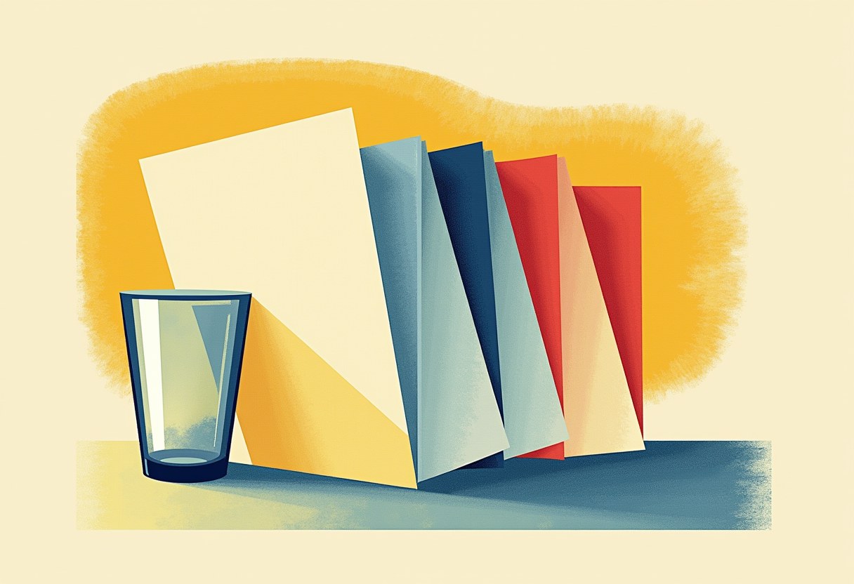 Illustration of a row of leaning folded panels in cream, blue, and red propped against a small glass on a table, set against a yellow glow on a pale background.