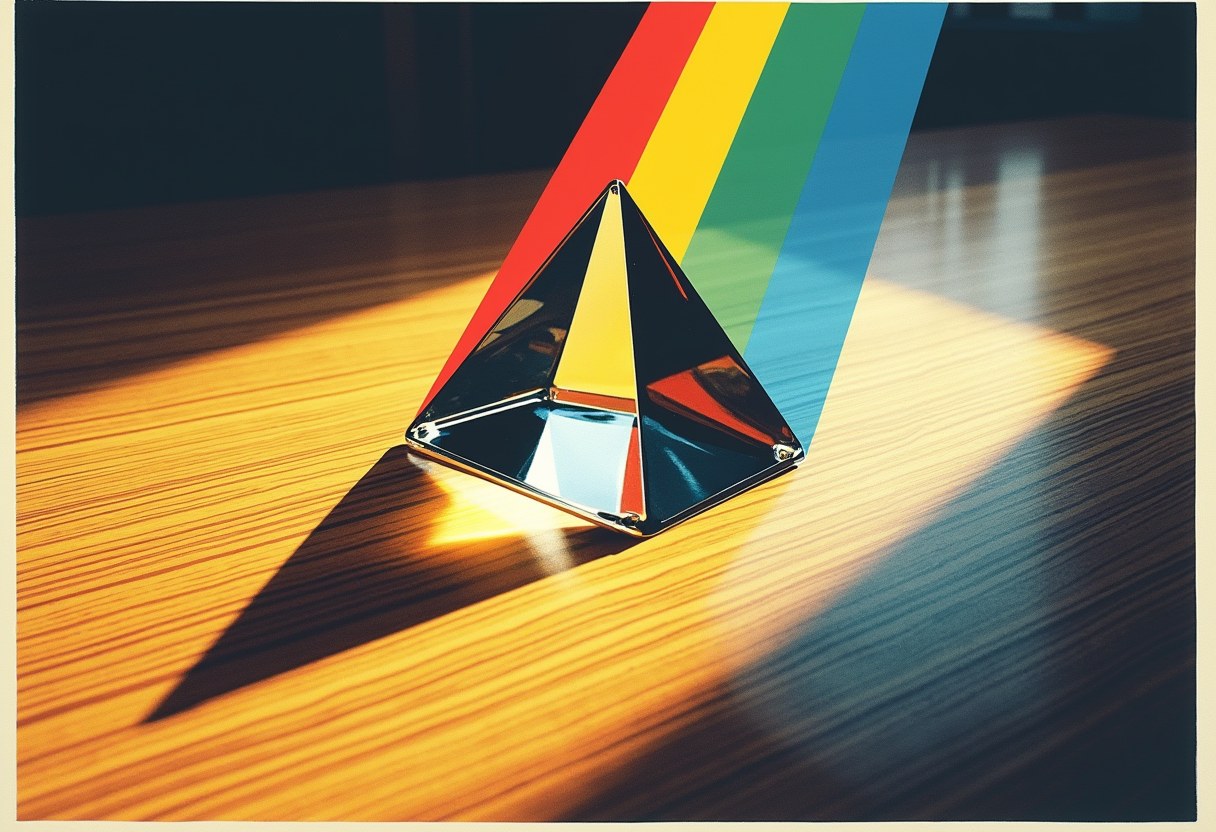 A pyramid-shaped glass prism sits on a wood table, splitting a beam of light into red, yellow, green, and blue stripes.