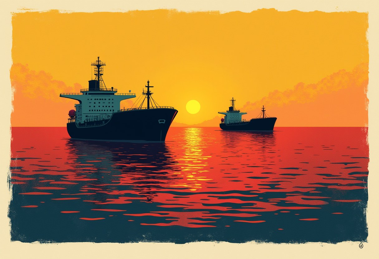 Two dark cargo tankers sit on red-orange water beneath a yellow sun low in an orange sky, within a cream border.