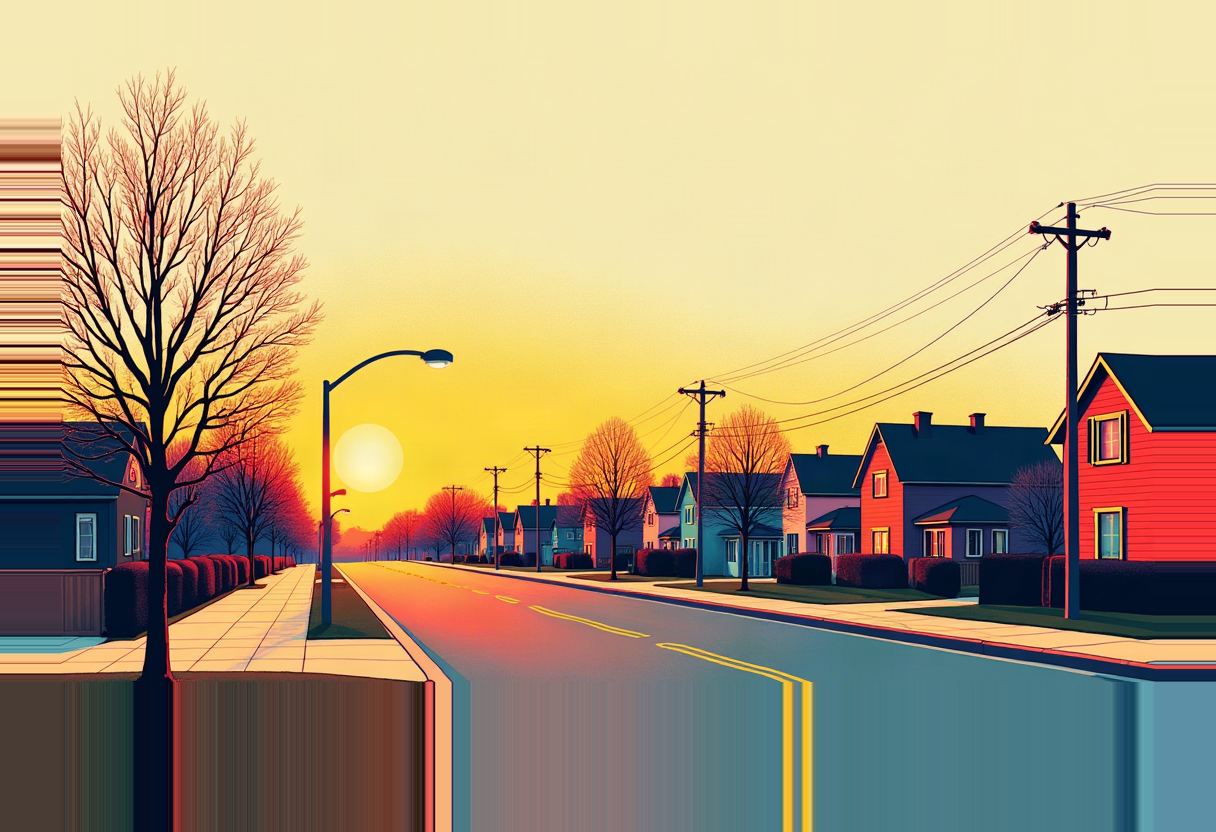 Illustrated suburban street at sunset with bare trees, a streetlamp, power lines, and rows of colorful houses lining a two-lane road.