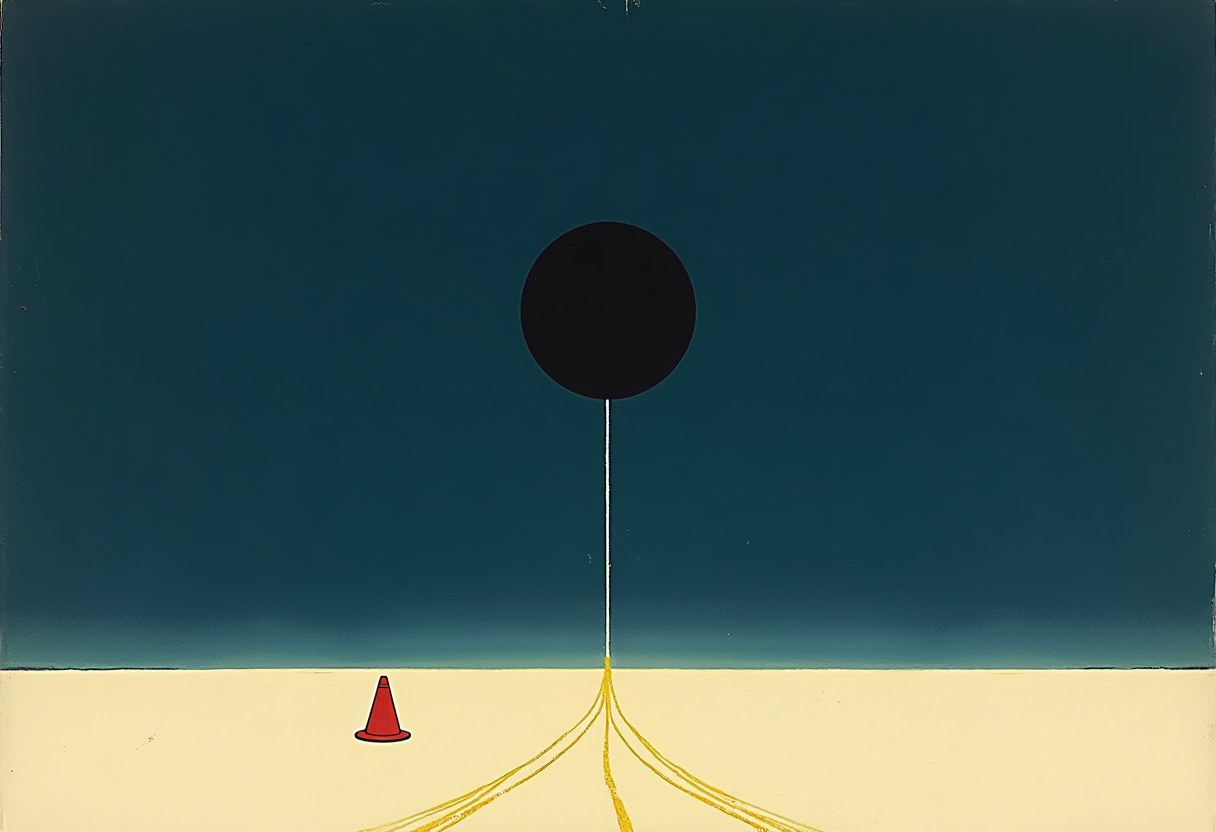 A large black circle floats above a flat sandy plain, tethered by a thin white line to converging yellow lines on the ground, with a red traffic cone nearby, against a dark teal sky.