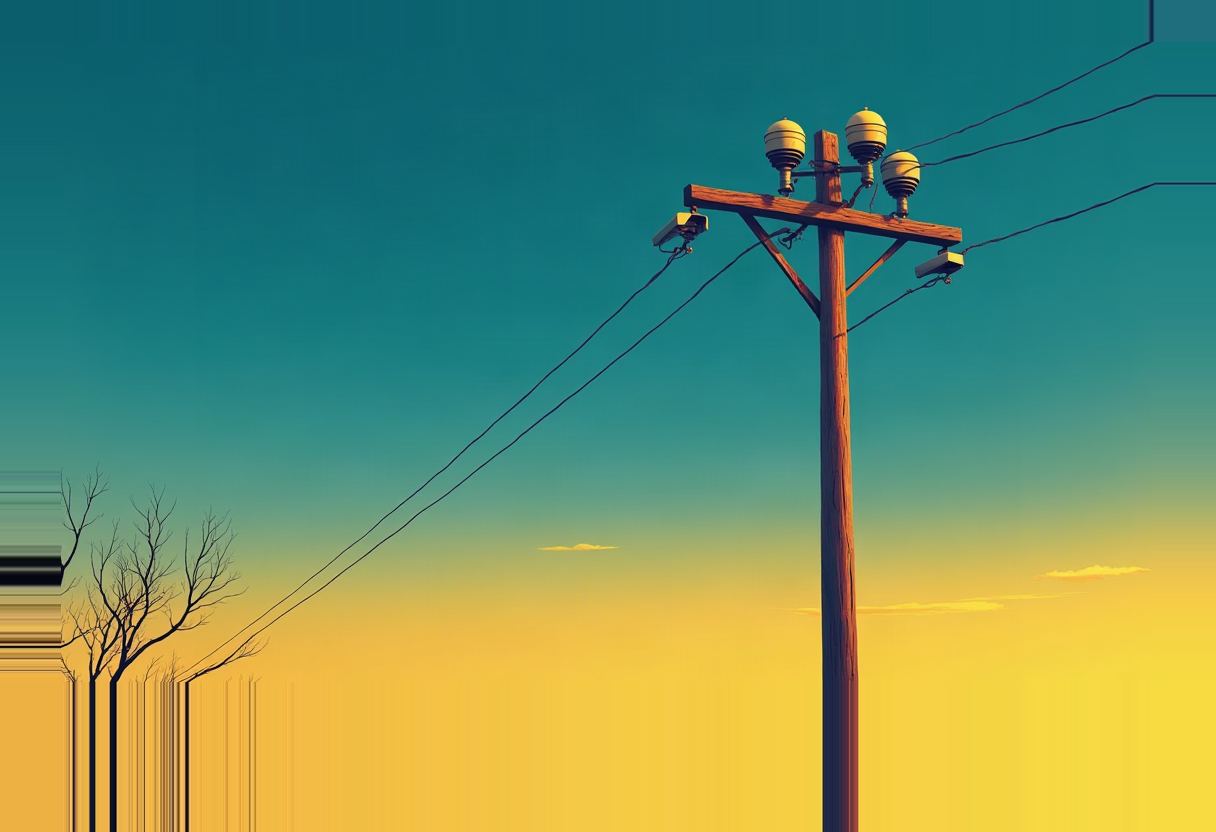 A wooden utility power pole with two surveillance cameras and glass insulators against a teal-to-yellow gradient sky, bare tree branches at lower left.