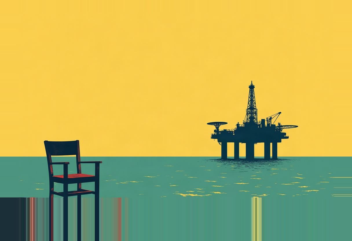 Empty wooden armchair with a red seat stands on water at left, facing a dark offshore oil rig silhouette on a teal sea under a solid yellow sky.