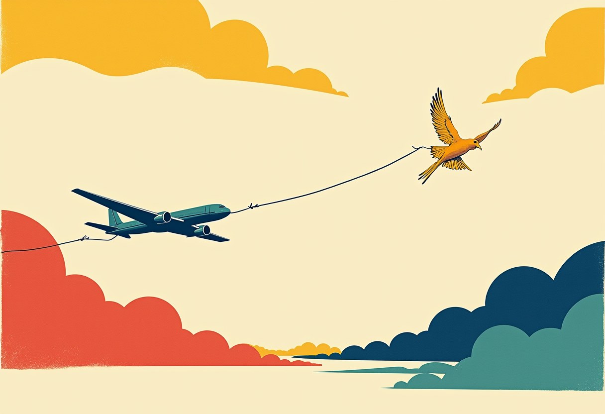 Editorial illustration of a cancelled call between a warplane and a dove, the connecting wire cut so neither end reaches the other