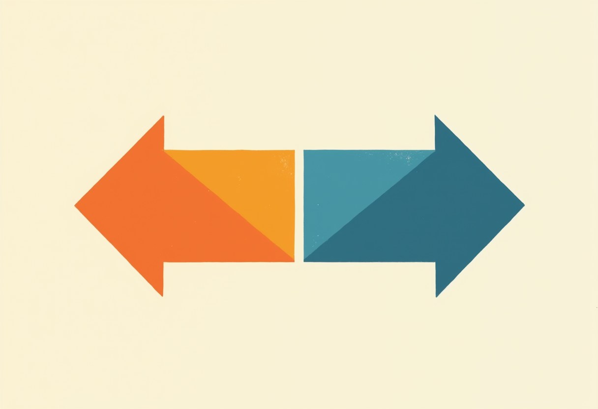 Two thick arrows point in opposite directions on a cream background: an orange-and-yellow arrow pointing left, a teal-and-blue arrow pointing right, meeting at the center.