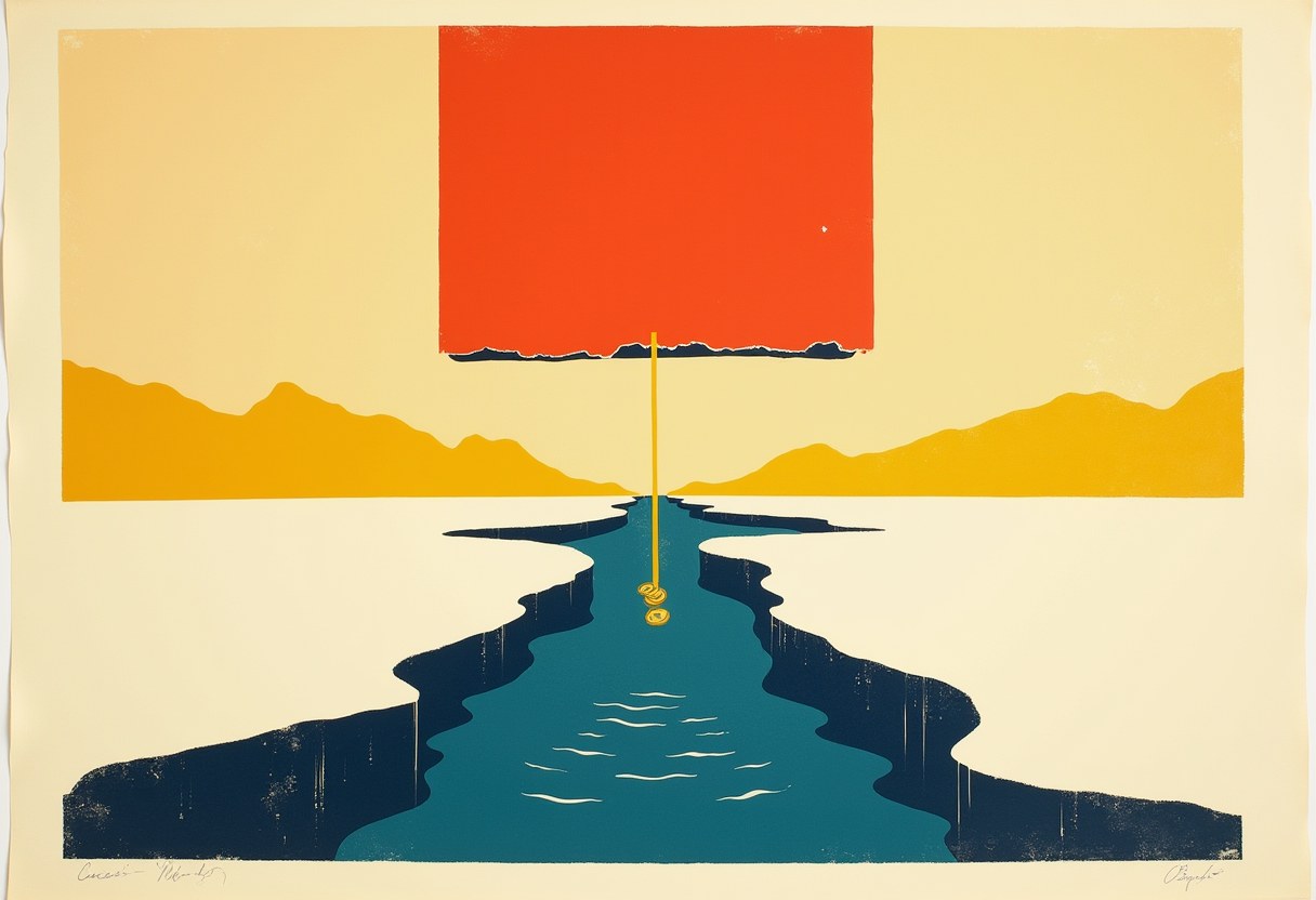 Print of a teal strait between dark cliffs, a yellow line with dangling gold coins hanging from a torn red rectangle above yellow mountains and cream sky.