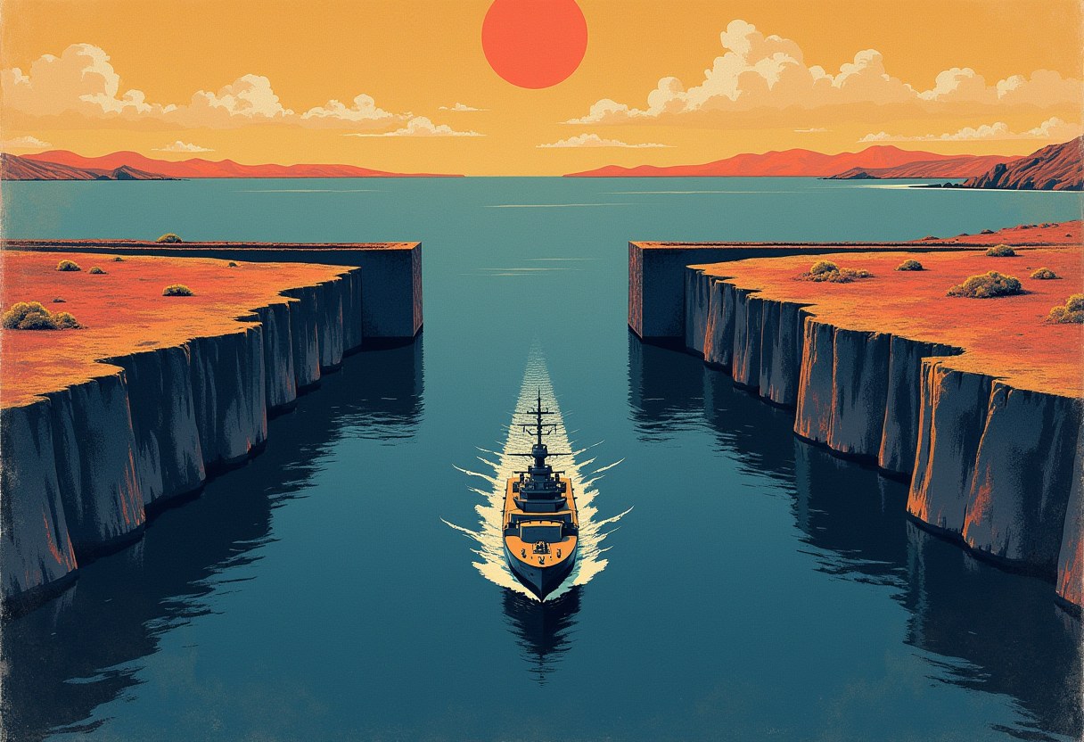 A gray warship trails a white wake through a narrow strait between two flat-topped cliffs, under an orange sky with a large red sun.