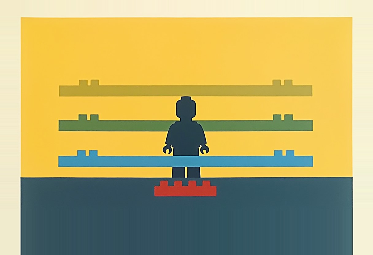 A dark silhouette of a Lego minifigure stands on a red brick, in front of three horizontal Lego brick bars (yellow, green, and blue) against a yellow background above a dark teal ground.