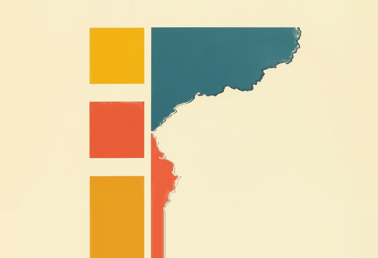 Three stacked squares in yellow, orange, and yellow sit beside a torn vertical shape in teal and orange with a jagged edge, on a cream background.