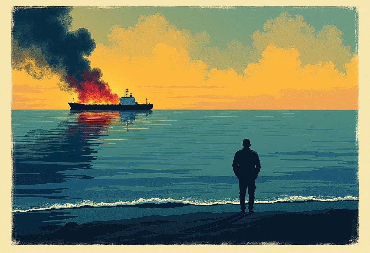 A silhouetted figure stands on a shoreline watching a tanker ship burning with orange flame and black smoke on the sea at sunset.