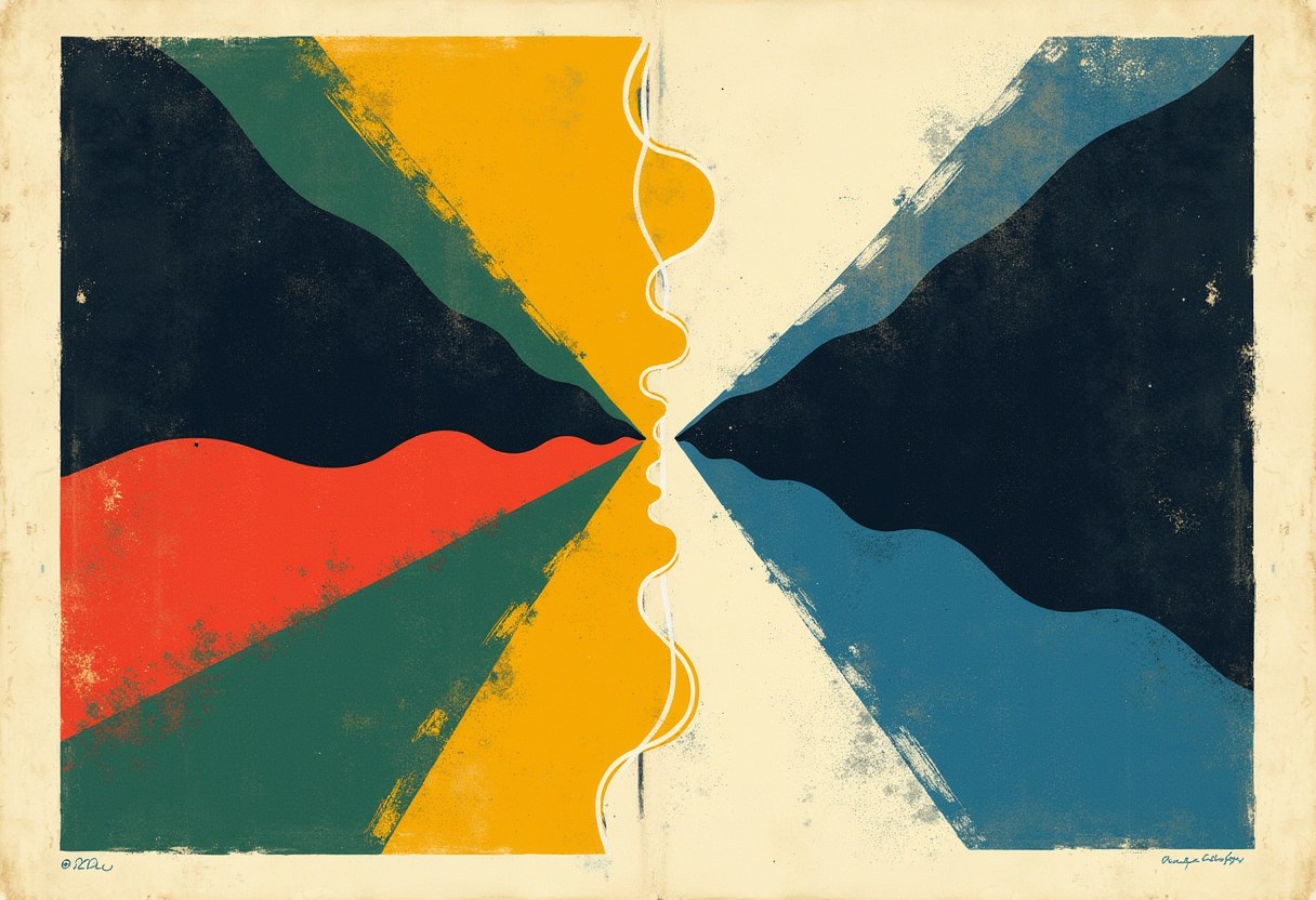 Mirrored triangular wedges in black, green, orange, red, and blue point toward a wavy white line down the center of a cream, textured print.
