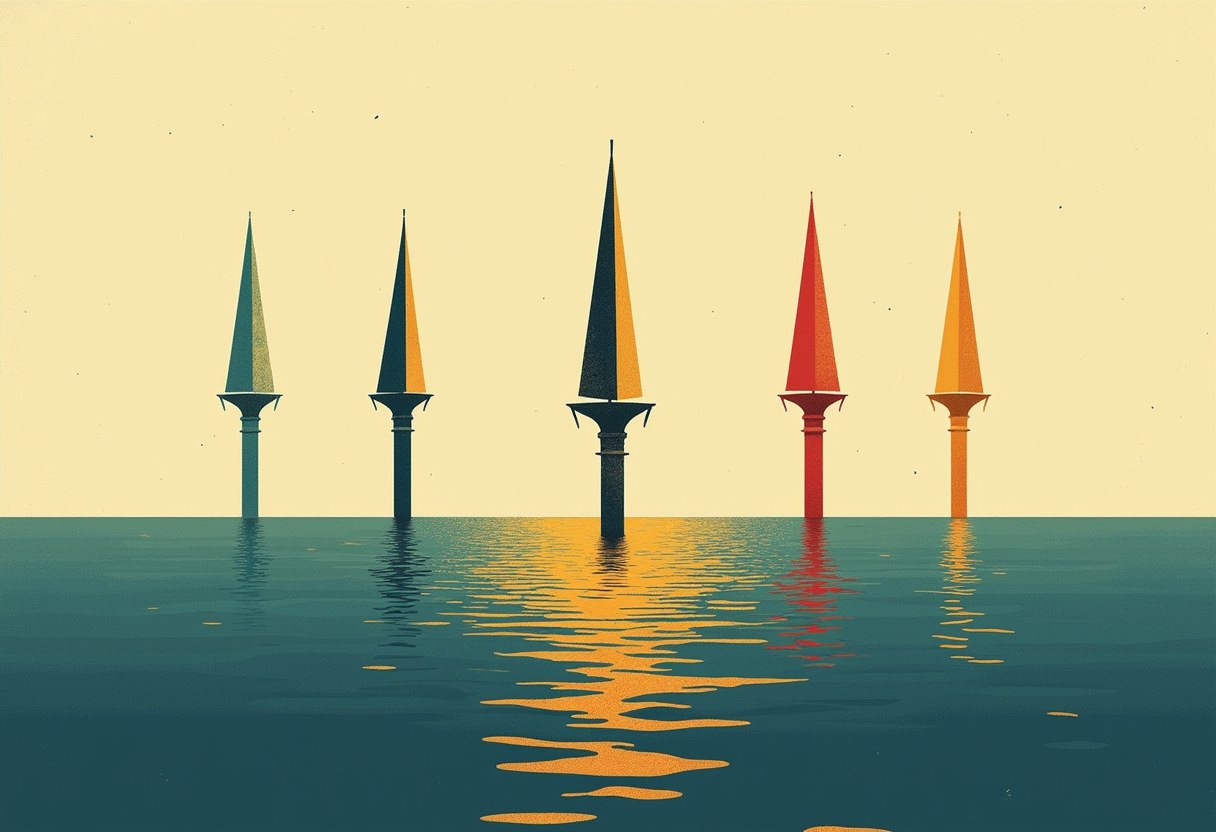 Five tall pointed spires in teal, gold, red, and orange rise from calm water with rippled reflections under a pale yellow sky.