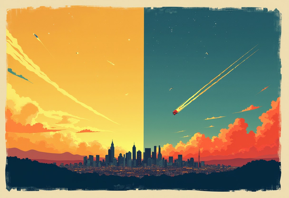 Illustration split into orange and teal halves of sky over a city skyline, with missile trails streaking diagonally above the buildings.