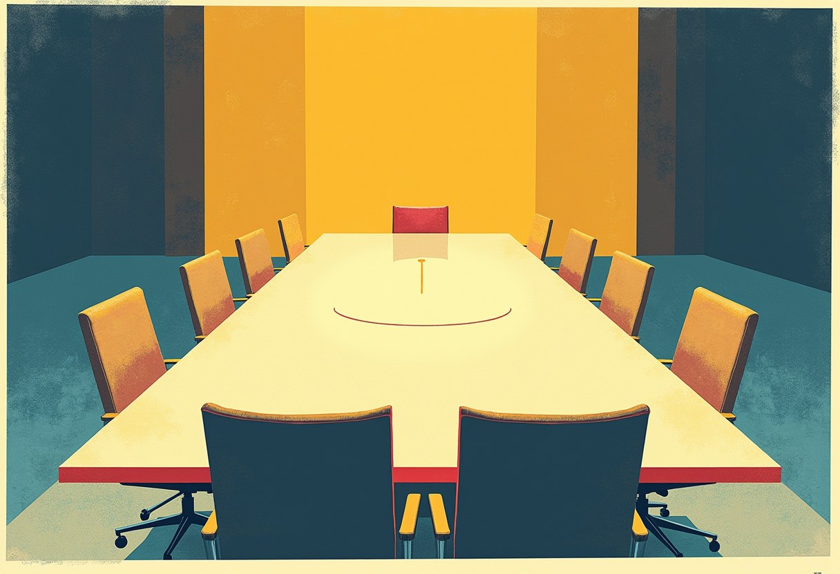 A long empty conference table with rows of orange and dark chairs, a red chair at the head, and a thin red curved line drawn on the tabletop.