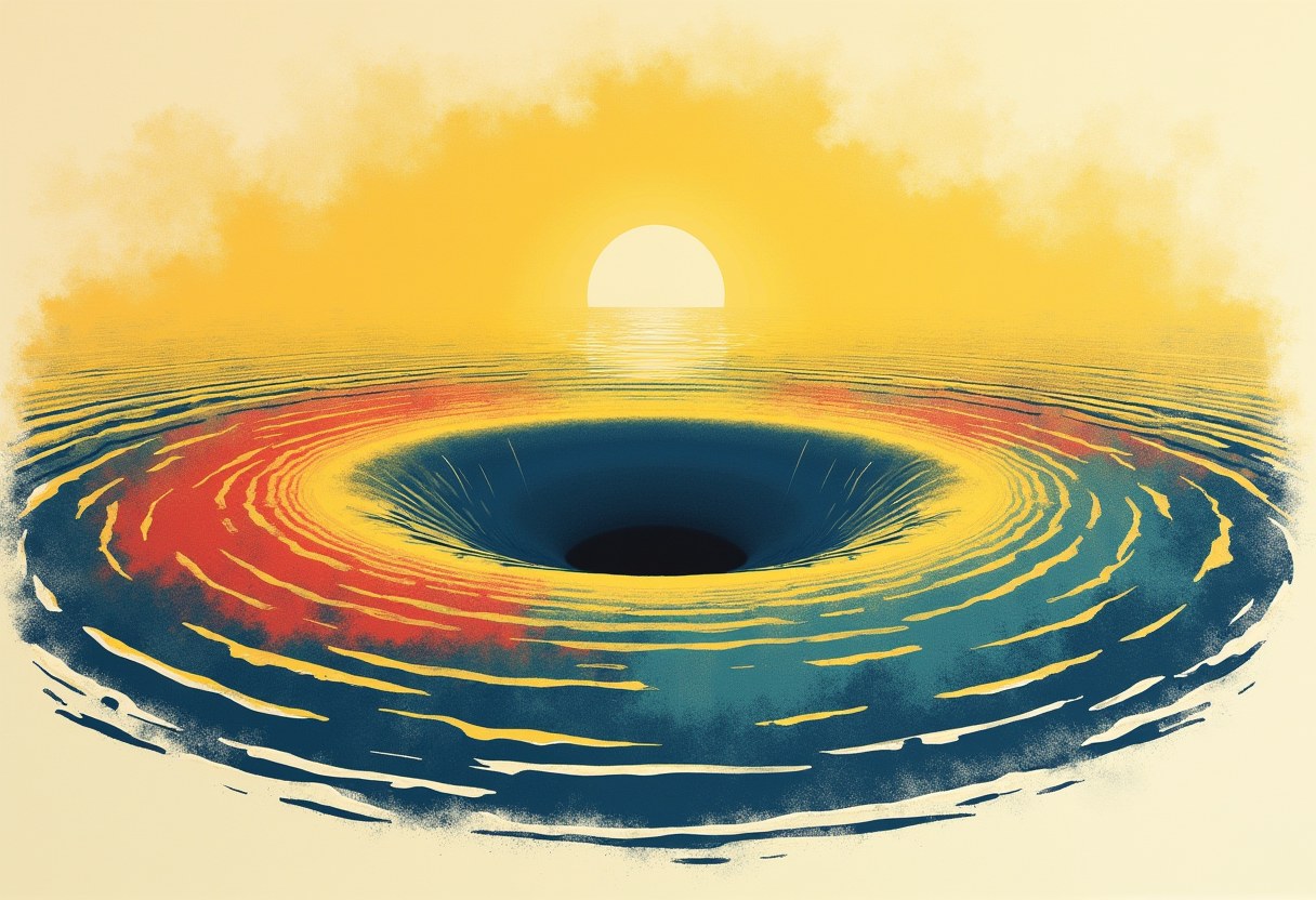A dark whirlpool spirals across a wide ocean surface under a setting sun, its concentric rings shifting from red on the left to blue on the right.