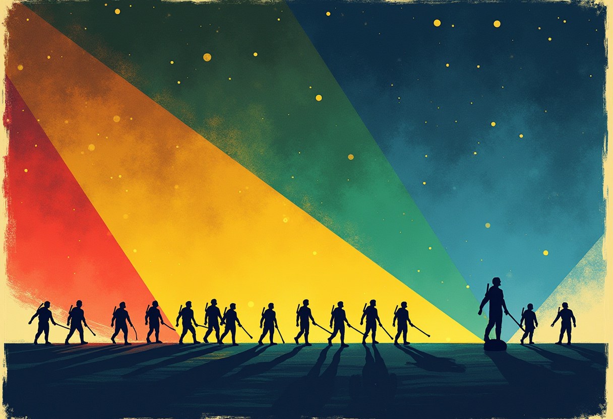 Silhouetted figures carrying rifles walk in a line across flat ground under wide diagonal bands of red, orange, yellow, green and blue light against a starry sky, with one taller figure standing apart on the right.