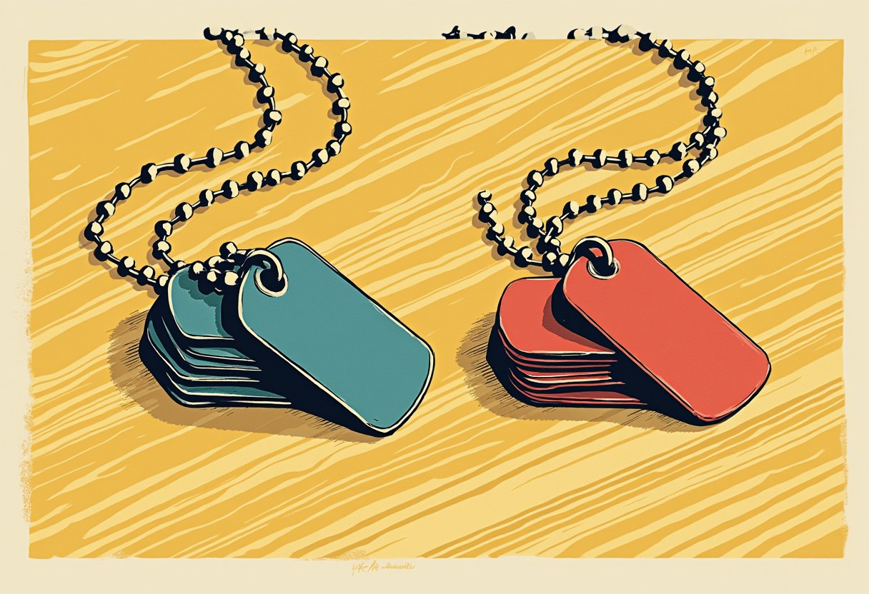Two stacked sets of military dog tags on ball chains, one teal-blue and one red, lying on a striped sandy-yellow background.