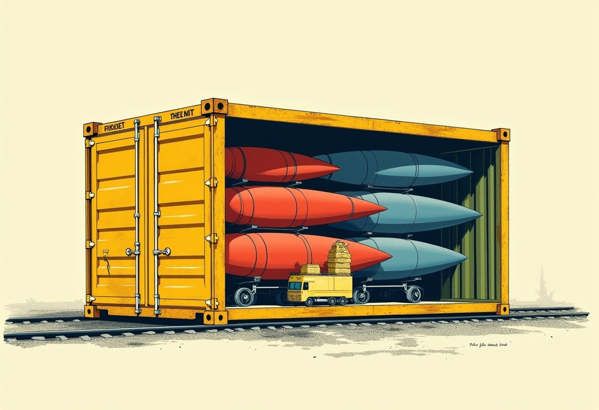 A cutaway open shipping container reveals rows of large red and blue missiles stacked inside, with a small yellow toy truck carrying a sack driving among them.