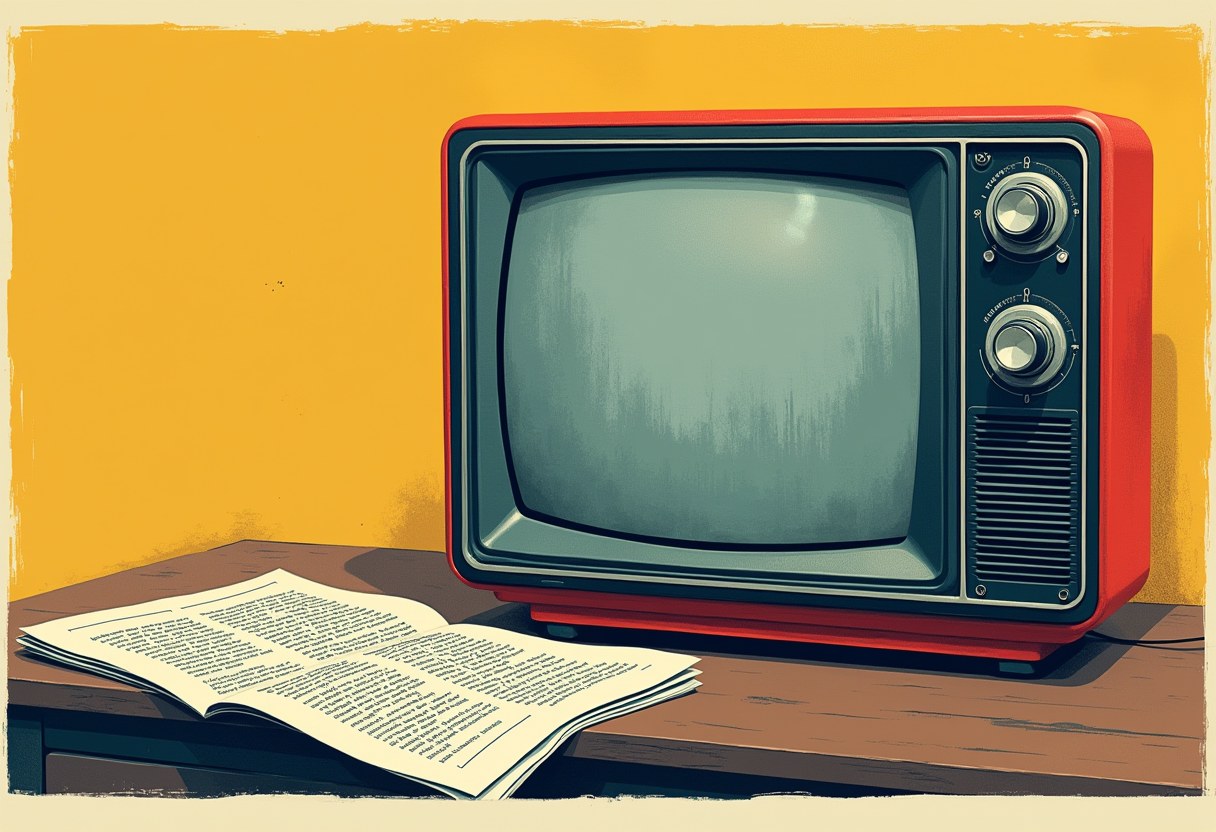 A red retro television with a blank grey screen sits on a wooden table next to an open newspaper, against a yellow background.
