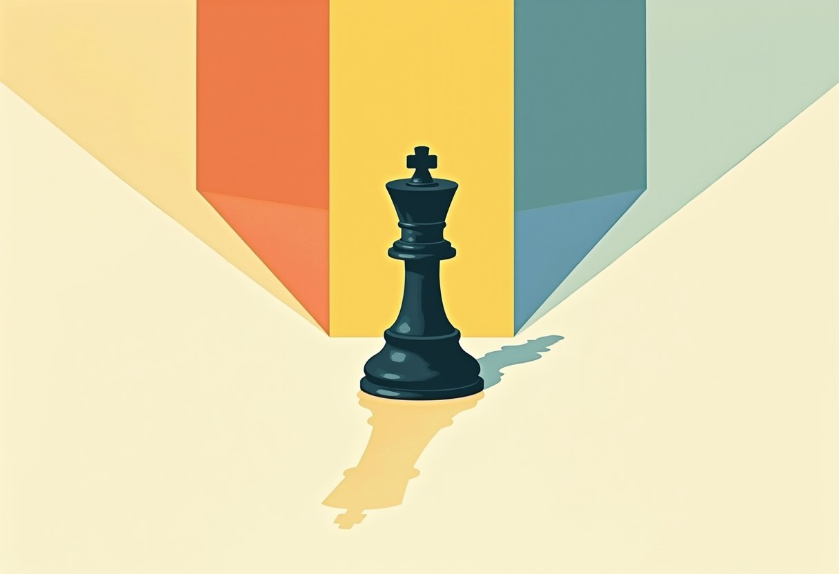 A dark chess king piece stands before five vertical color bands (cream, orange, yellow, blue, green), casting a shadow shaped like a landmass.