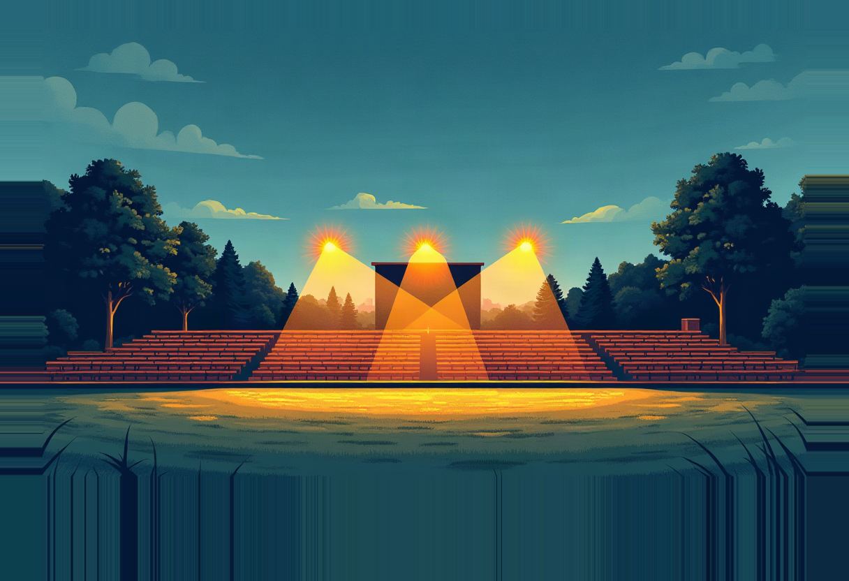 An empty outdoor amphitheater at dusk, three bright spotlights beaming down over stone steps and a lawn, flanked by dark trees under a teal sky.