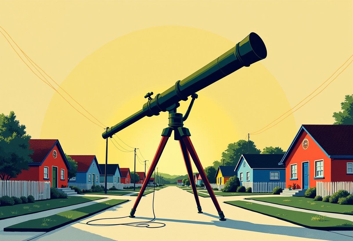 A giant telescope on a red tripod stands in a suburban street lined with colorful houses, pointed skyward against a yellow sunset.