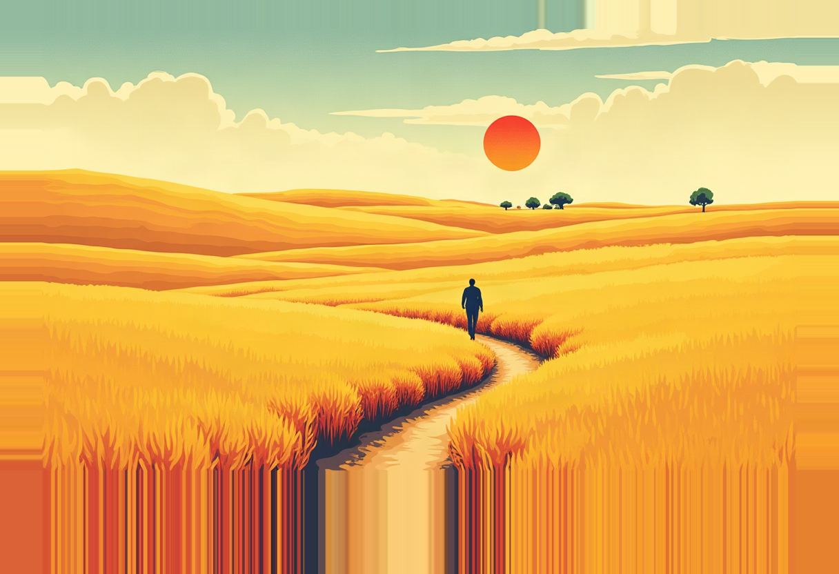 A silhouetted figure walks a dirt path through rolling golden wheat fields toward scattered trees under a red sun and blue-white sky.
