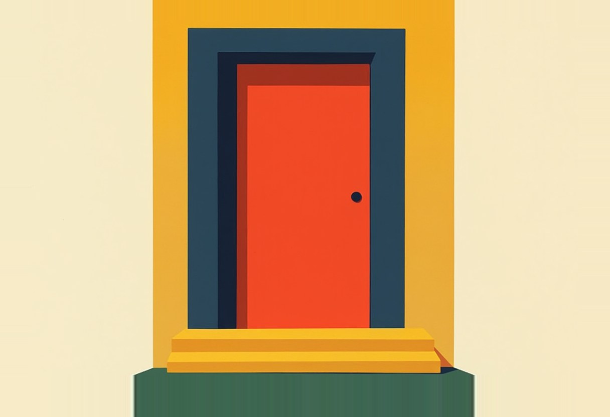 A flat-style illustration of a closed orange door with a dark round knob, set in a dark blue frame within a yellow wall, above three yellow steps and a green base.