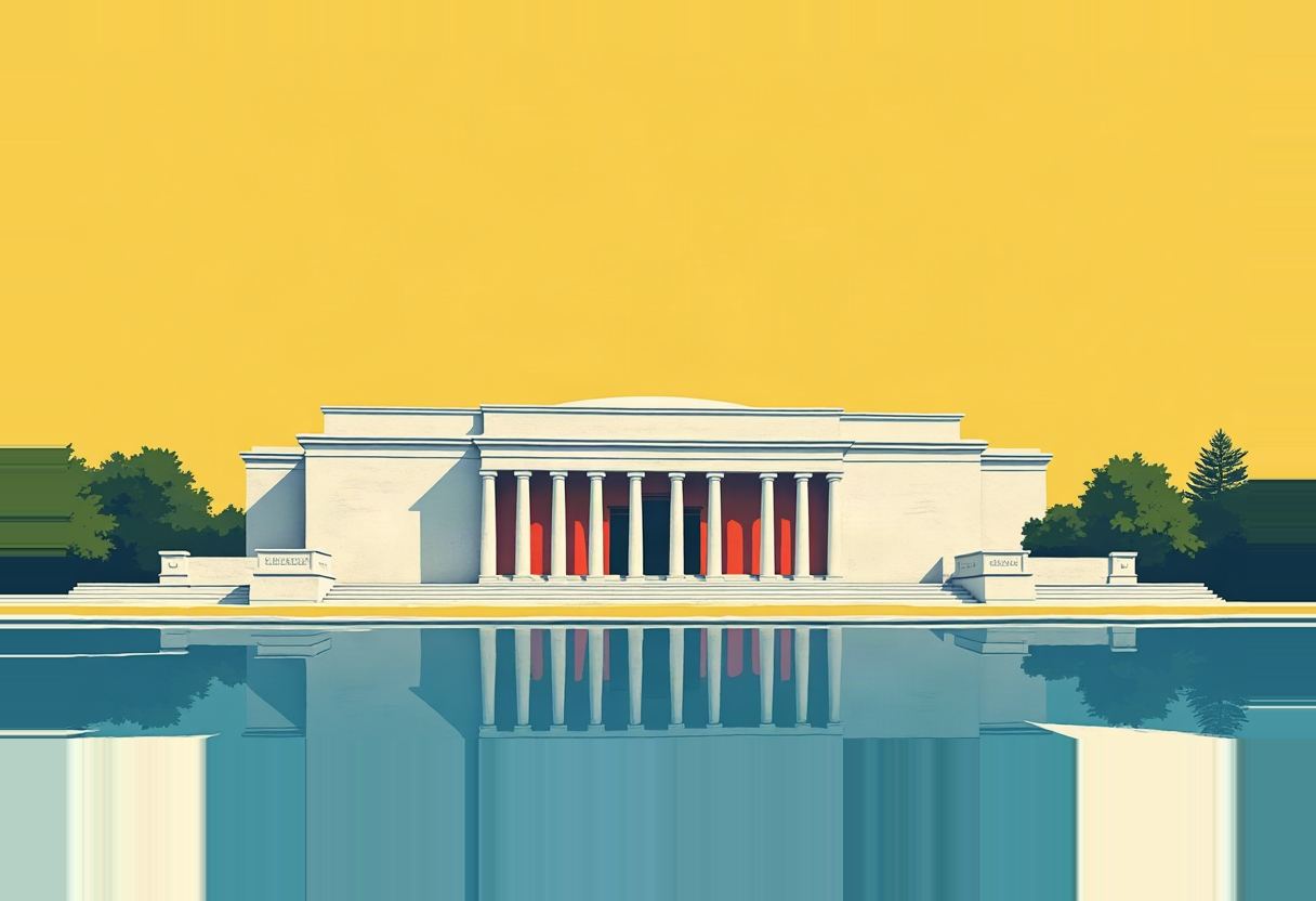 A white neoclassical building with a row of columns and red-lit interior sits behind a reflecting pool, flanked by trees under a solid yellow sky.