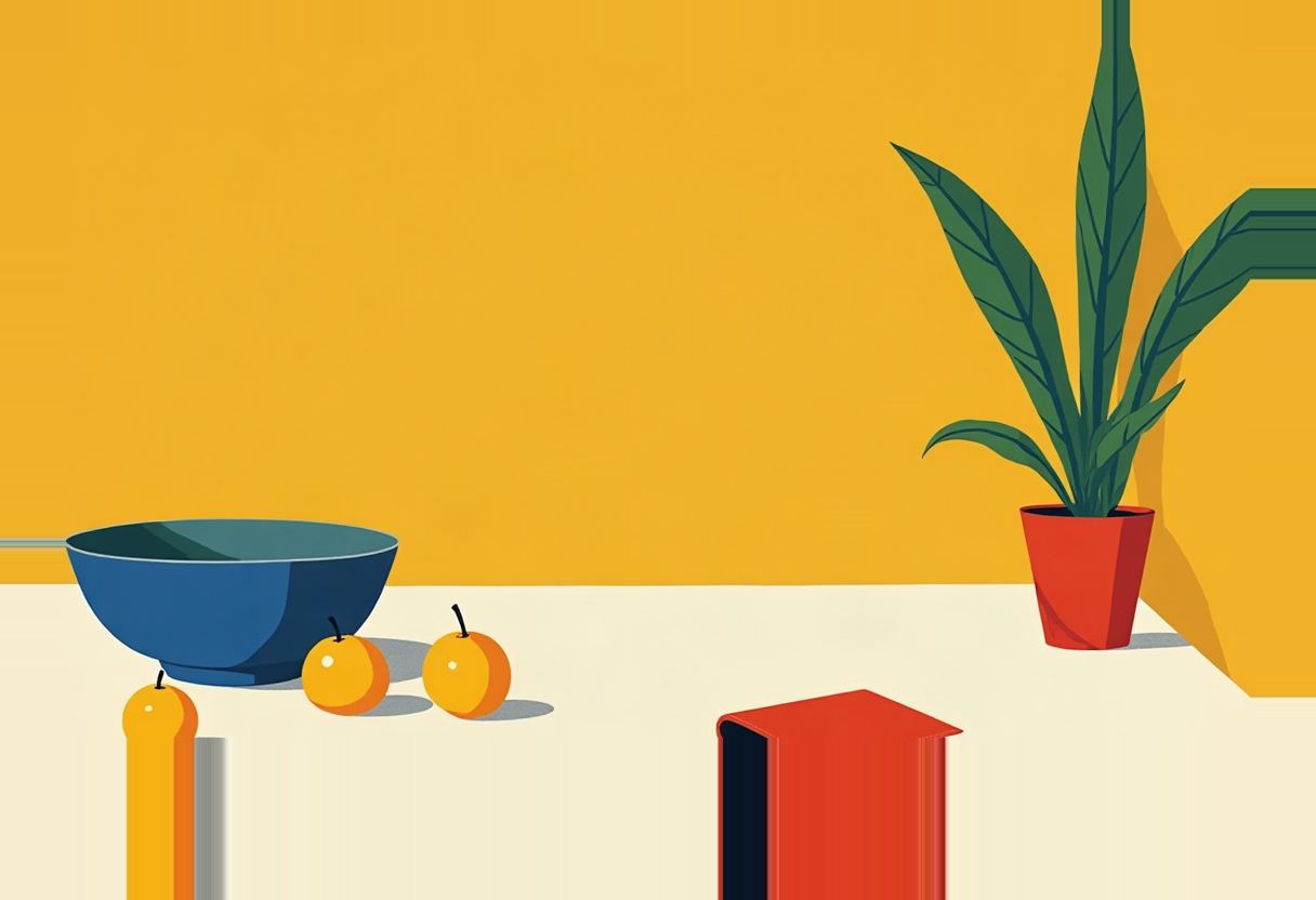 On a cream counter against a mustard-yellow wall: a dark blue bowl, two whole oranges and a yellow cylindrical object, a closed red book, and a potted snake plant with a green patterned object behind it.