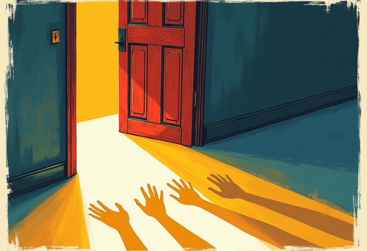 Four raised hands in yellow and orange light reach toward a partly open red door in a dark teal hallway.