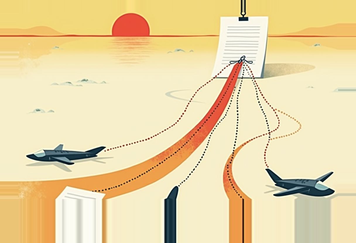 Two dark jets sit on a desert horizon with a red sun, connected by red, orange, and dotted lines converging on a document pinned above, with vertical dark pillars below.