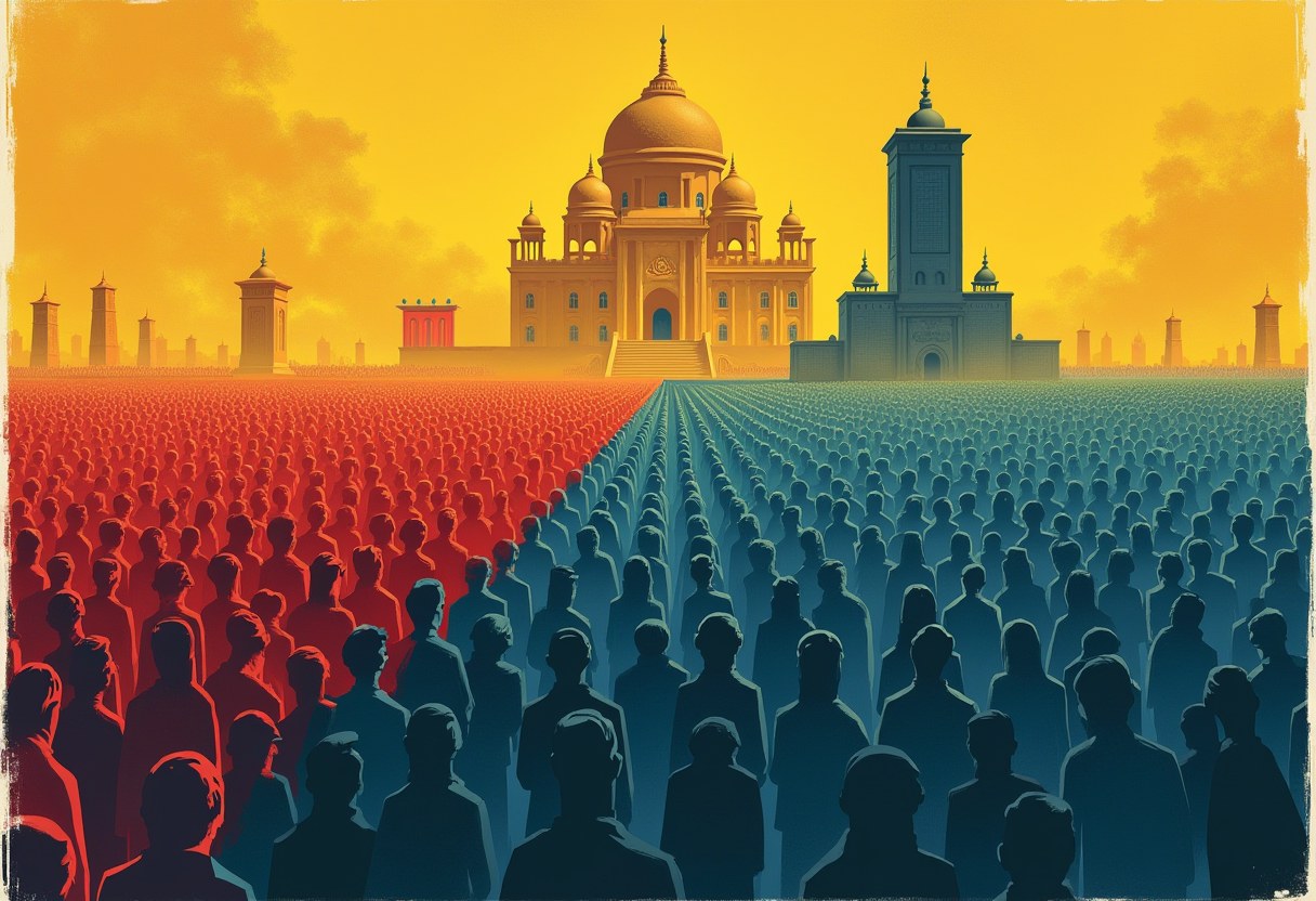 A vast crowd split into red-tinted and blue-tinted halves faces a golden domed shrine and tower under a yellow sky.