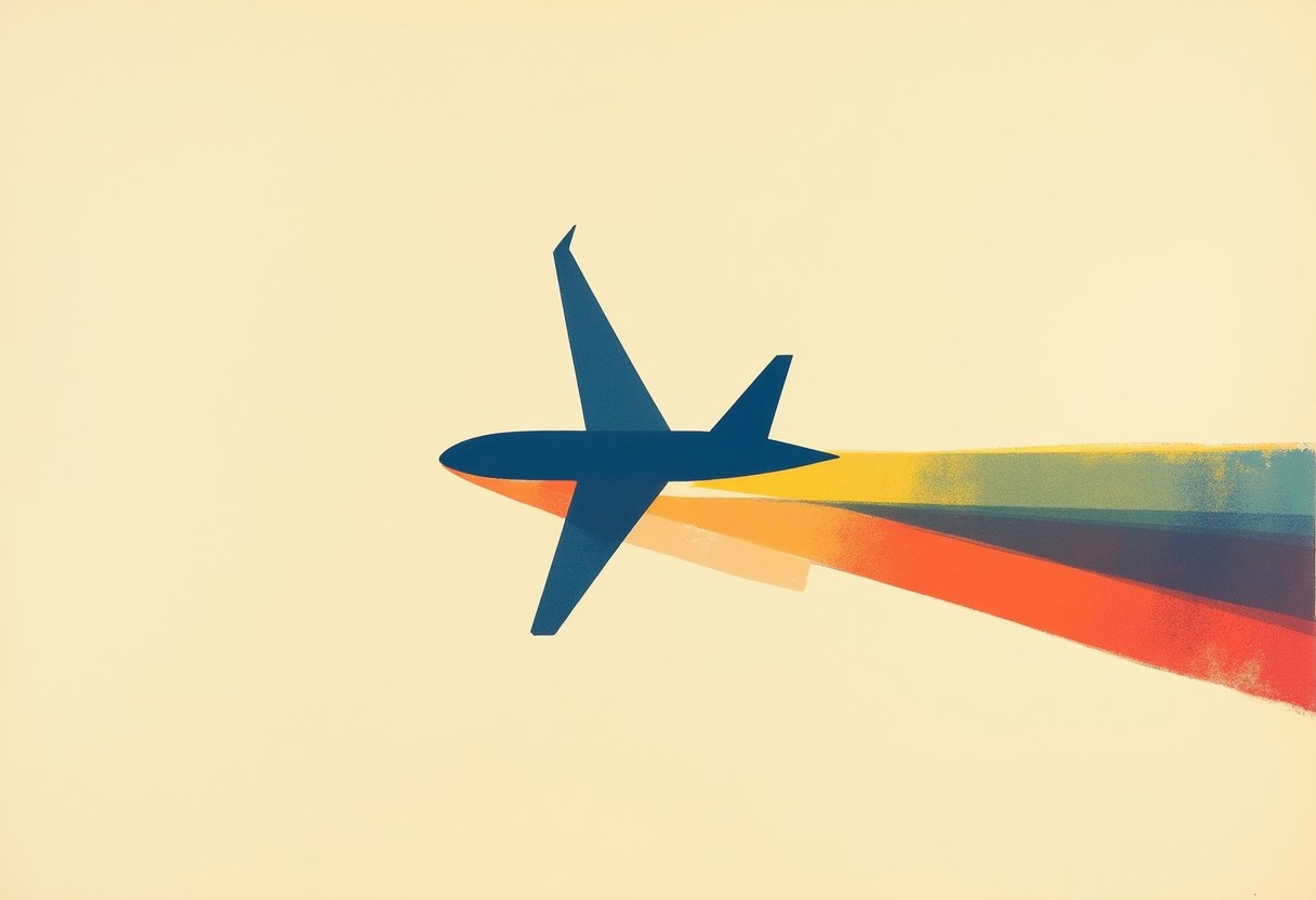 A dark blue silhouette of an airplane seen from above trails overlapping yellow, orange, red, and teal streaks against a pale cream background.
