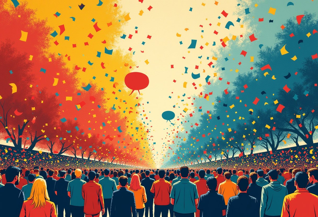 A crowd faces a tree-lined avenue filled with falling confetti, red and orange trees on the left and blue trees on the right, with two speech-bubble shapes floating amid the confetti.