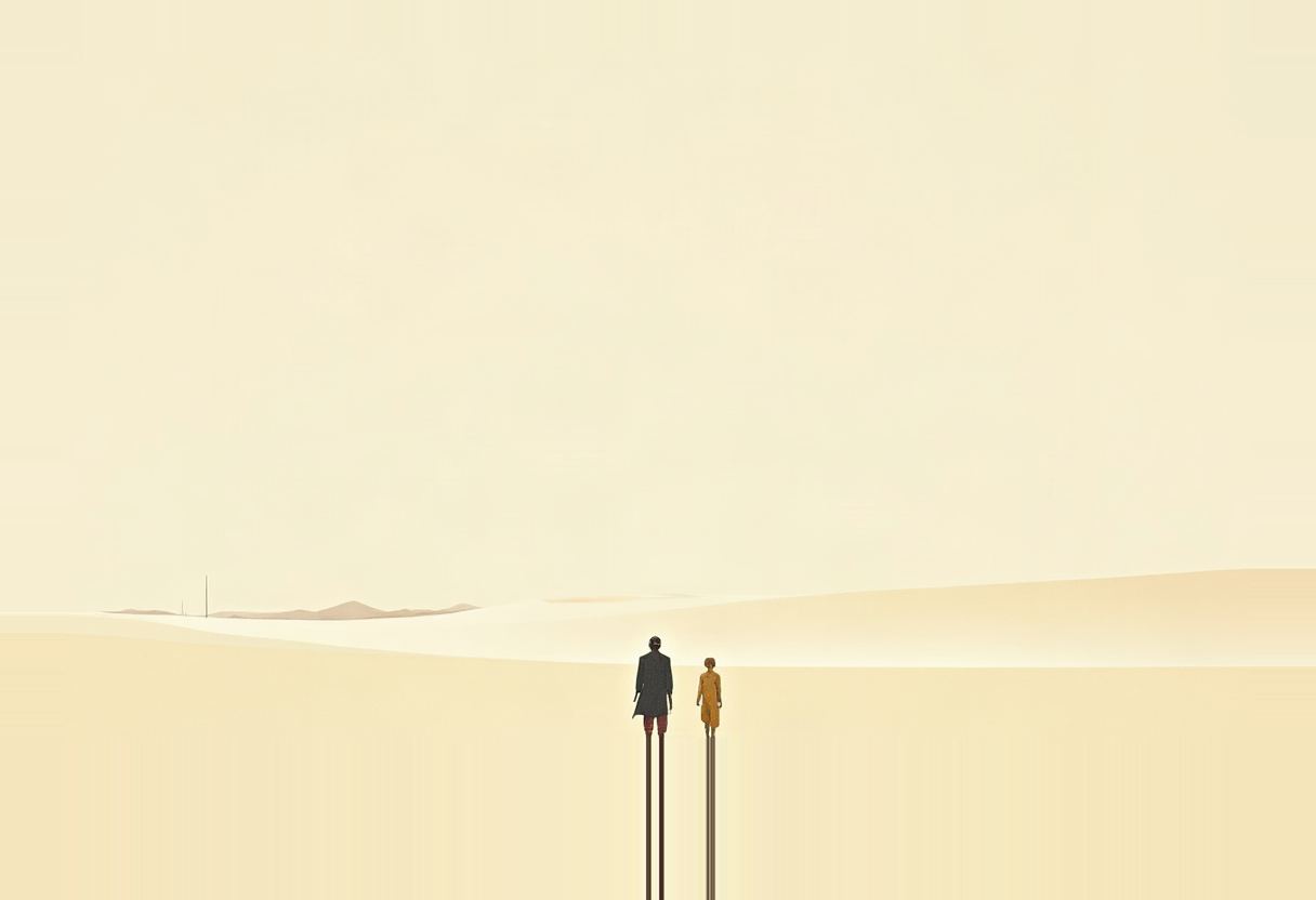 Two small figures, one in a dark coat and one in a mustard-yellow coat, stand on a pale sandy dune under a wide cream sky, with thin vertical lines trailing down from their feet to the image's bottom edge.