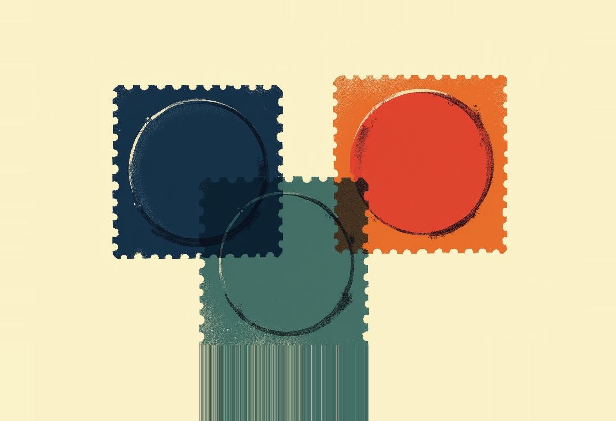 Three overlapping square postage stamps in dark blue, orange, and teal, each with a faint circle outline, on a cream background, the bottom stamp fading into vertical streaks.