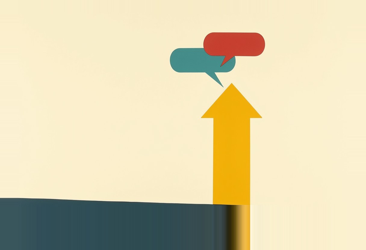 A yellow upward arrow rises from a dark teal bar toward two overlapping speech-bubble shapes, one teal and one red, against a pale cream background.