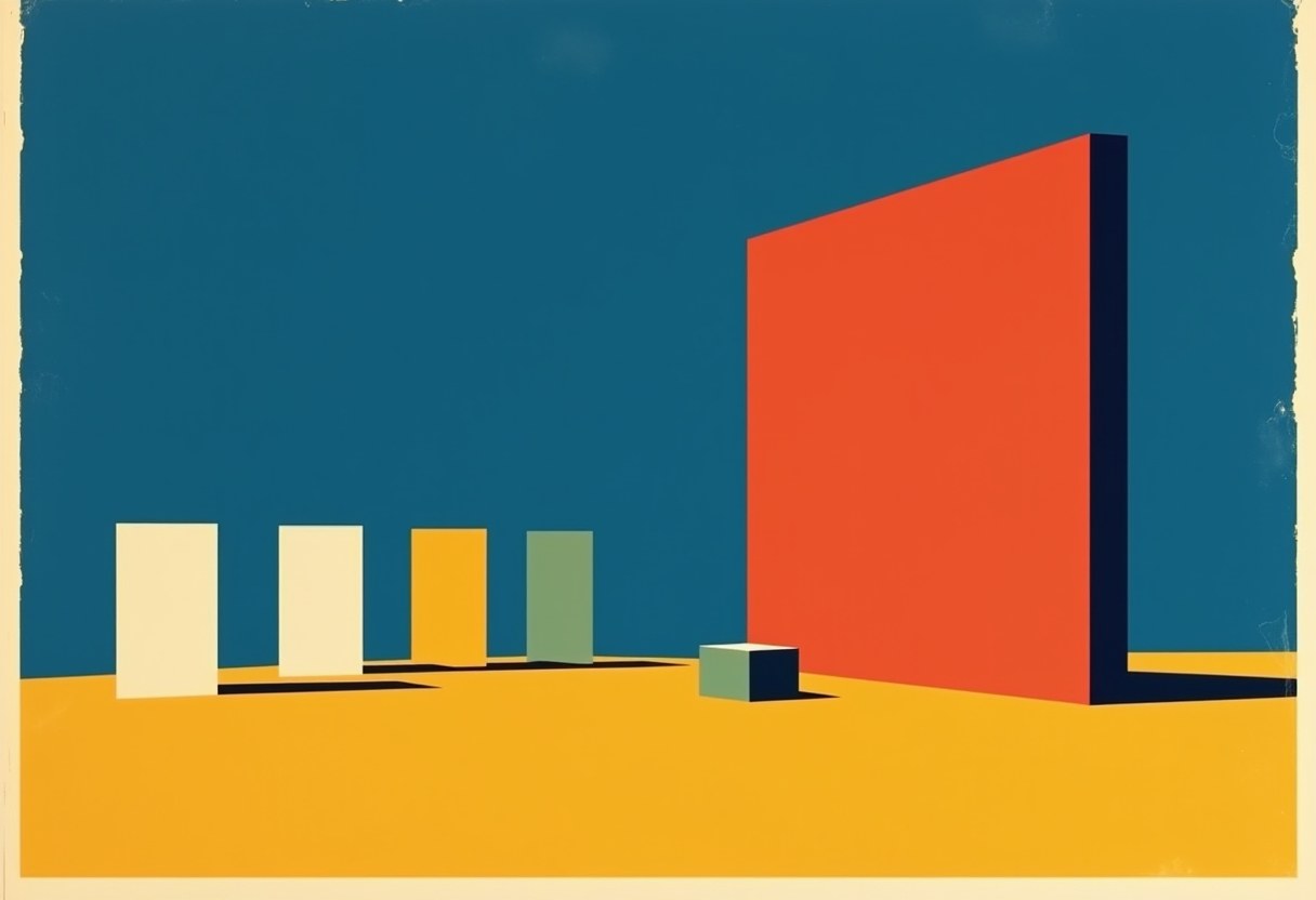A flat cobalt-blue field with a row of four cream squares on the left, one golden square slightly ahead, a tall vermilion bar blocking the path on the right, and a small sage-green square lying flat before it