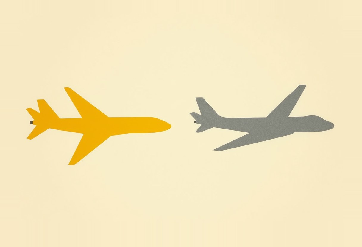 Two flat-illustration airplane silhouettes, one orange and one gray, facing each other from opposite sides against a pale cream background.