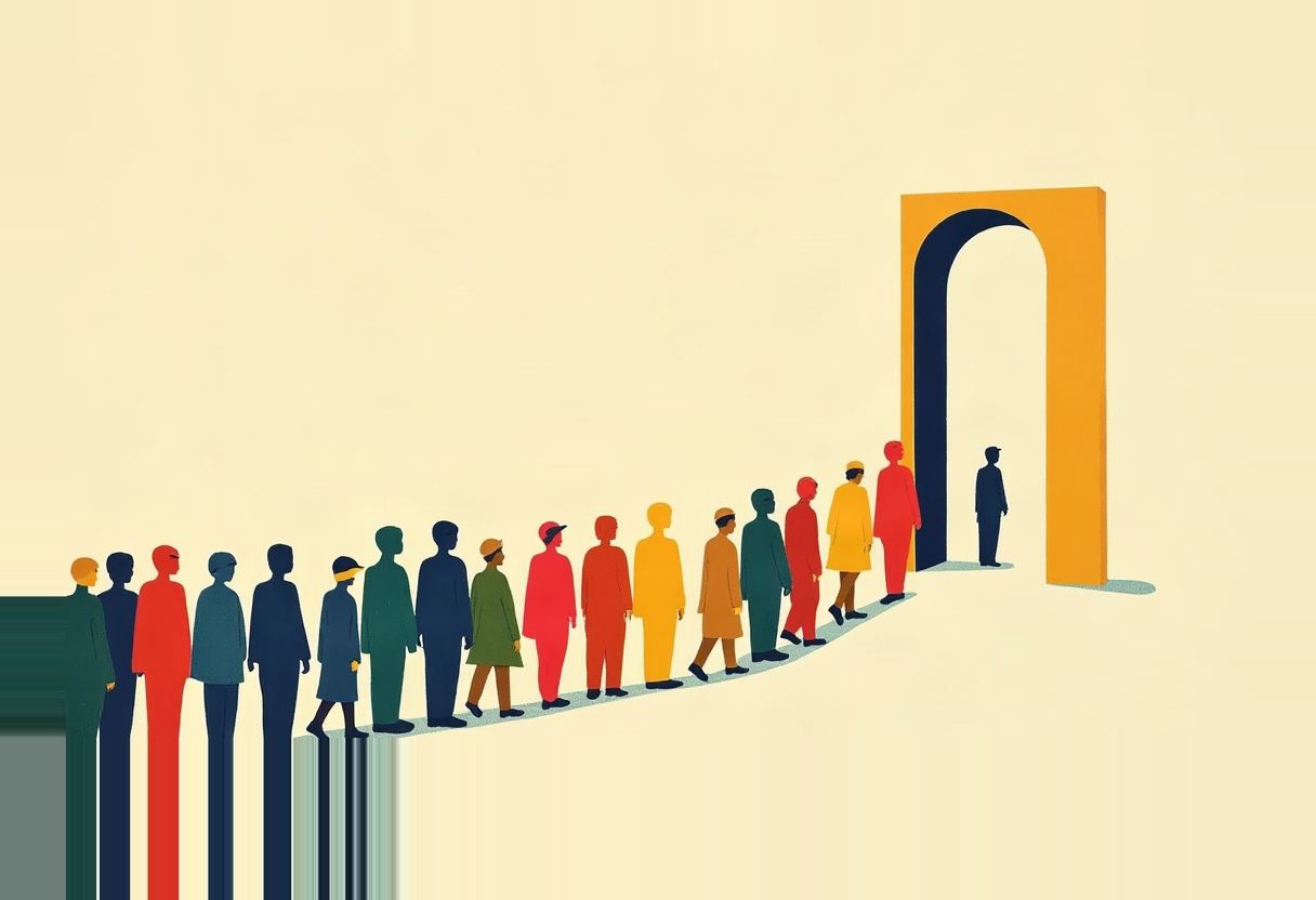 A long line of flat-illustrated figures in red, blue, green, and yellow stretches toward a single open yellow archway on a cream background.
