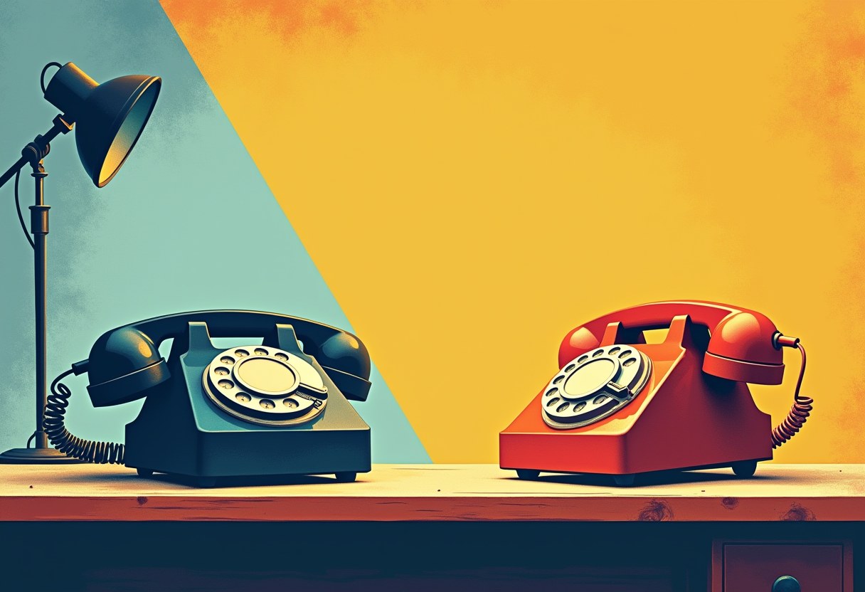 A dark blue-grey rotary phone and a red rotary phone sit apart on a wooden desk, split by a diagonal teal-and-yellow background with a desk lamp beside the blue phone.