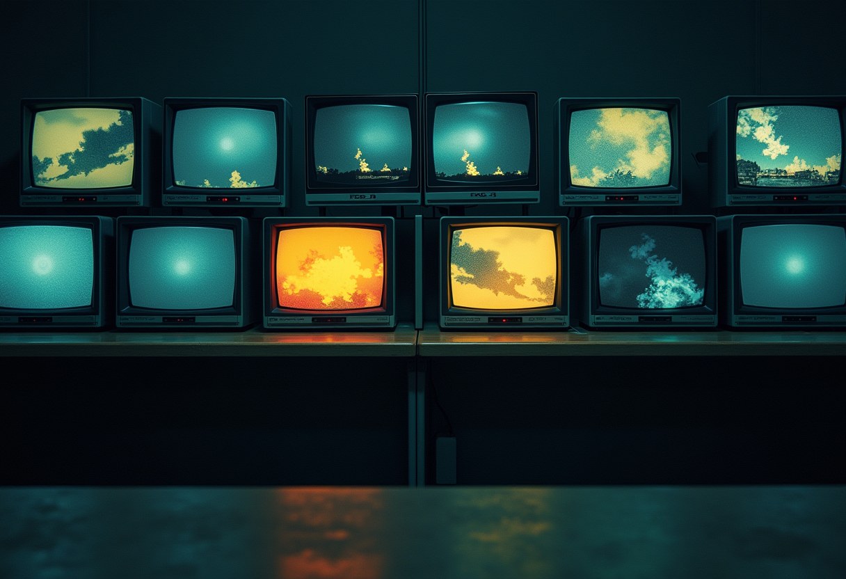 Twelve old TV sets in two rows on a shelf in a dark room, most showing hazy blue-toned smoke or clouds, two glowing orange and yellow with fiery bursts.