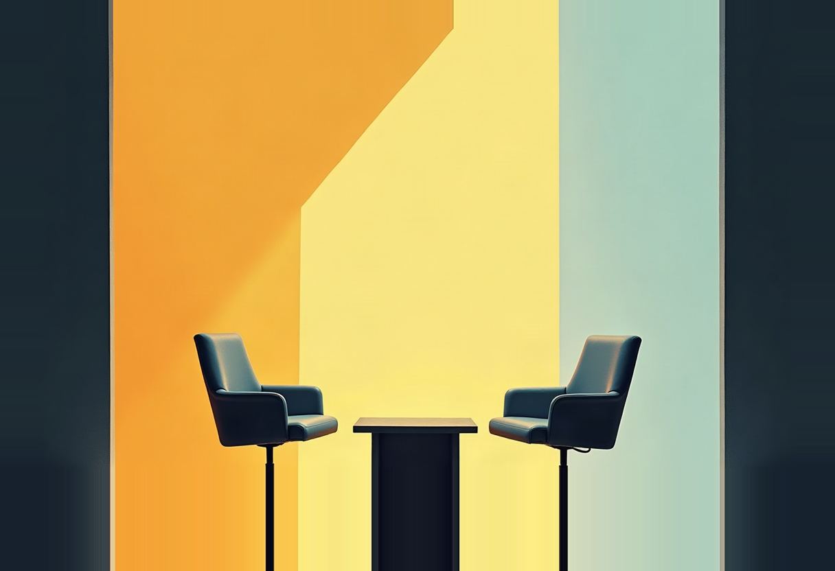 Two empty dark-blue armchairs on thin stands flank a small dark podium with a wooden top, set against an orange, yellow, and pale-teal striped background.